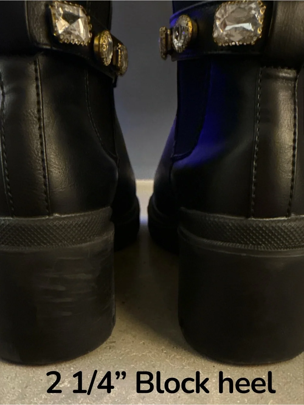 Nicole Miller Black Chelsea Ankle Boots Rhinestone Strap Block Heel Lug Sole 6